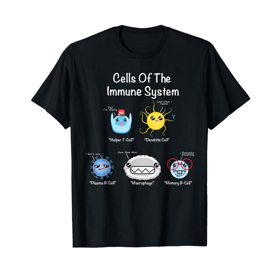 Playful Immune System Cells Cartoon T-Shirt for Science Humor Enthusiasts