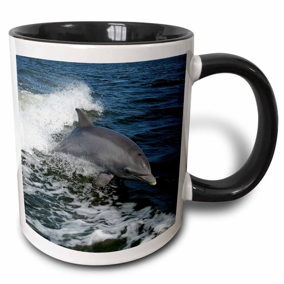 3drose, Playful Jumping Dolphins Is a Action Shot of a Dolphin Breaking Surf, 15oz Two-tone Black Mug