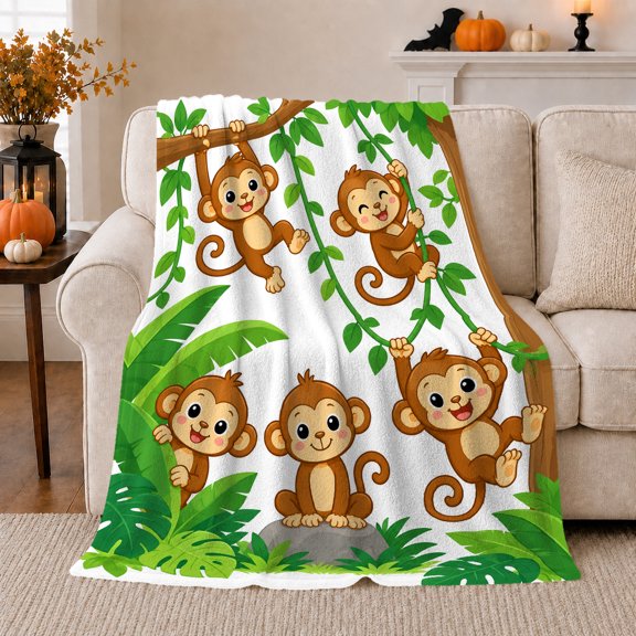 Playful Jungle Monkey Cartoon Design, Playful Coastal Landscape Scene, Warm Flannel Blanket for Cabin and Lodge, Beach Lovers Housewarming Gift, Coastal Home Decor