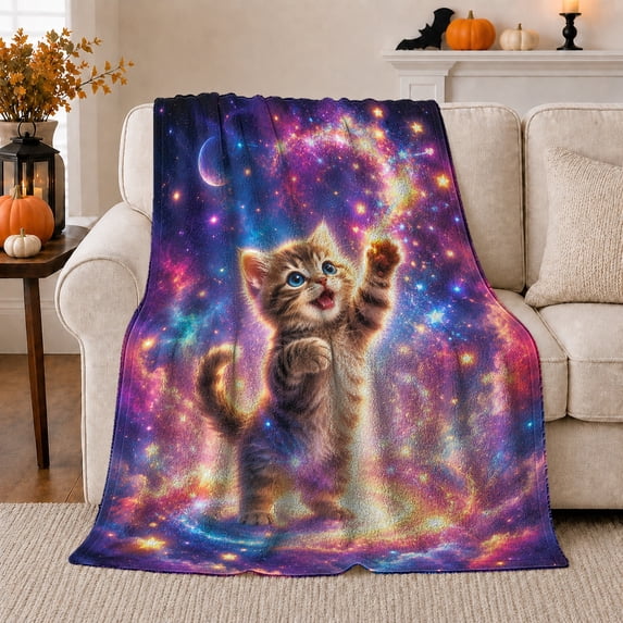 Playful Kitten Reaching, Playful Pet Portrait Pattern, Warm Flannel Blanket for Living Room and Bedroom with Detailed Artwork, Cat Lovers Just Because Gift, Pet Lover Home Decor