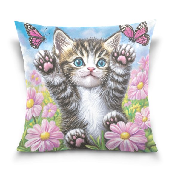 Playful Kitten with Butterflies 18x18 Inch Plush Velvet Pillowcase Double Sided Print, Hidden Zipper