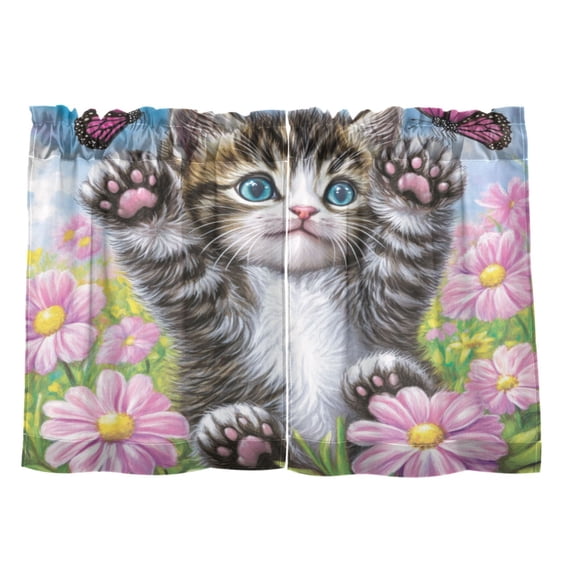 Playful Kitten with Butterflies 27"x24" Linen Look Cafe Curtain Set with Privacy and UV Protection