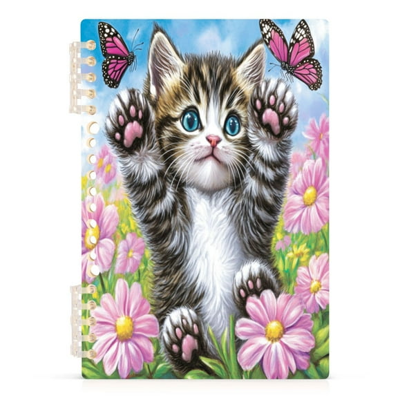 Playful Kitten with Butterflies A5 8.3x5.7in PP Notebook, Adjustable Rings, 60 Sheets, Diary or Journey Note