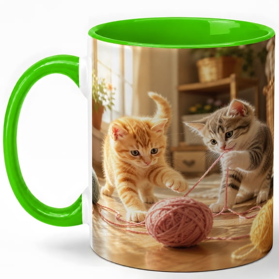 Playful Kittens Coffee Mug, Yarn Ball Cat Lover Cozy Home Design, 11 oz Ceramic Cup
