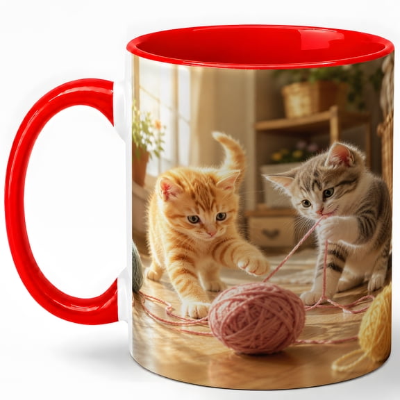 Playful Kittens Coffee Mug, Yarn Ball Cat Lover Cozy Home Design, 11 oz Ceramic Cup