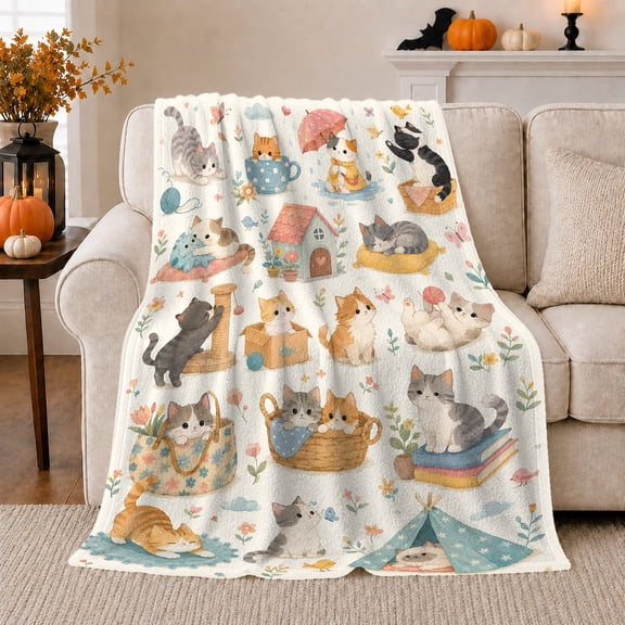 Playful Kittens Living Room Whimsical Watercolor, Playful Pet Portrait Pattern, Warm Flannel Blanket for Living Room and Bedroom, Cat Lovers Thanksgiving Gift, Pet Lover Home Decor