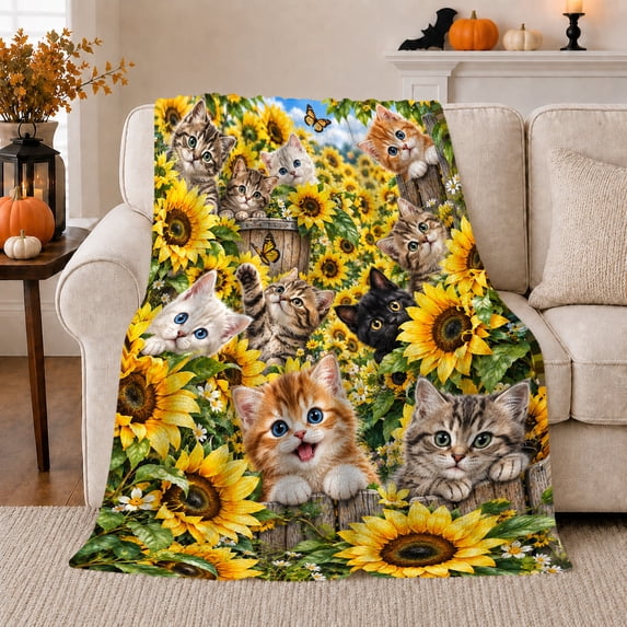 Playful Kittens Sunflower Garden, Playful Pet Portrait Pattern, Warm Flannel Blanket for Living Room and Reading Nook, Cat Lovers Friendship Gift, Pet Lover Home Decor