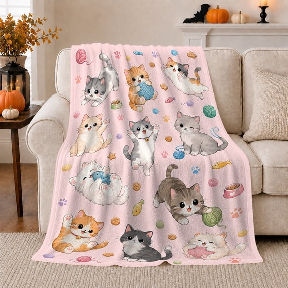 Playful Kittens Yarn Balls Paw Prints Watercolor Pink, Playful Pet Portrait Pattern, Warm Flannel Blanket for Living Room and Bedroom, Cat Lovers Appreciation Gift, Pet Lover Home Decor