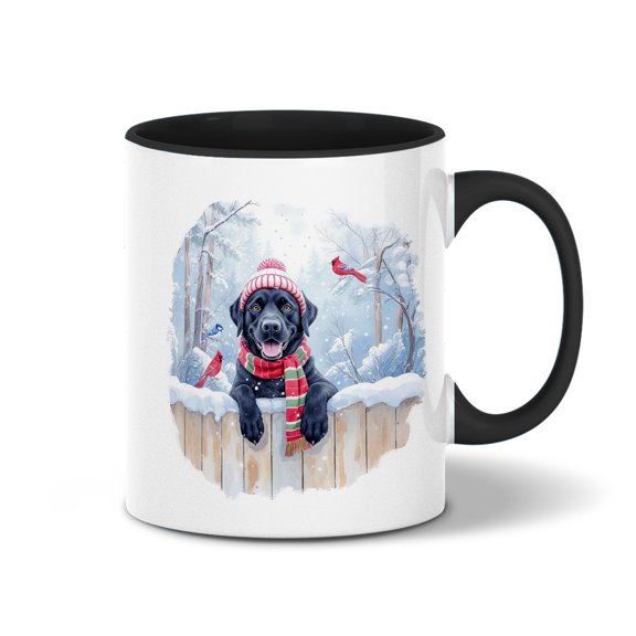 Playful Labrador Retriever Welcomes Winter Snowy Day with Cardinal Bird 11oz Accent Two-tone Mug Lab Dog Lover Gifts Coffee Tea Cup - 2017