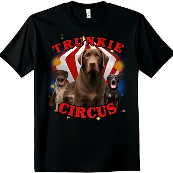 Playful Labrador Retrievers Circus T-Shirt 'TRUNKIE CIRCUS' Design on Black Tee