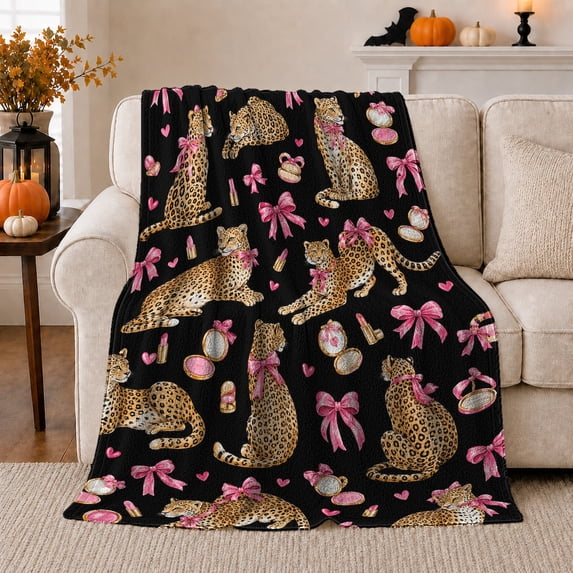 Playful Leopard Print Bows Lipstick, Cozy Friendship Quote Scene, Warm Flannel Blanket for Living Room and Reading Nook, Wildlife Lovers Appreciation Gift, Artistic Home Decor
