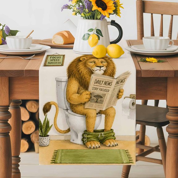 Playful Lion Sitting on Toilet Table Runner 36 Inches Long, Lion Reading Newspaper Table Runners Tabletop Scarf Kitchen Dining Tables Decoration for Home Party Indoor Outdoor