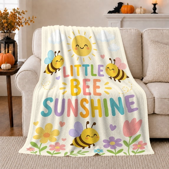 Playful Little Bee Sunshine Garden, Playful Botanical Garden Scene, Warm Flannel Blanket for Sunroom and Reading Nook, Garden Lovers Housewarming Gift, Celestial Home Decor