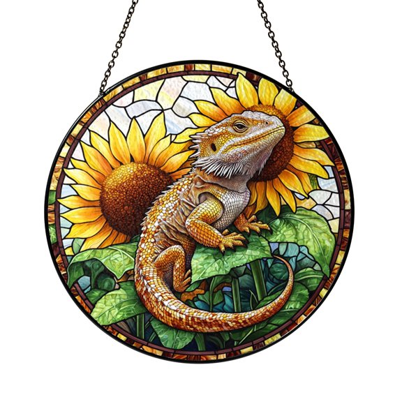 Playful Lizard With Sunflower Illustration Stained Glass Style Window Hanging Suncatcher, Fun Reptile Decor Gift