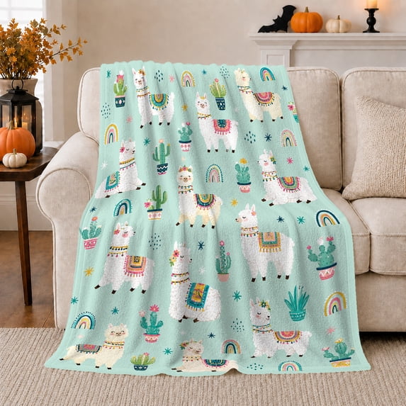 Playful Llama Cactus Repeating Pattern Kids, Cozy Friendship Quote Scene, Warm Flannel Blanket for Living Room and Reading Nook, Art Lovers Friendship Gift, Playful Home Decor