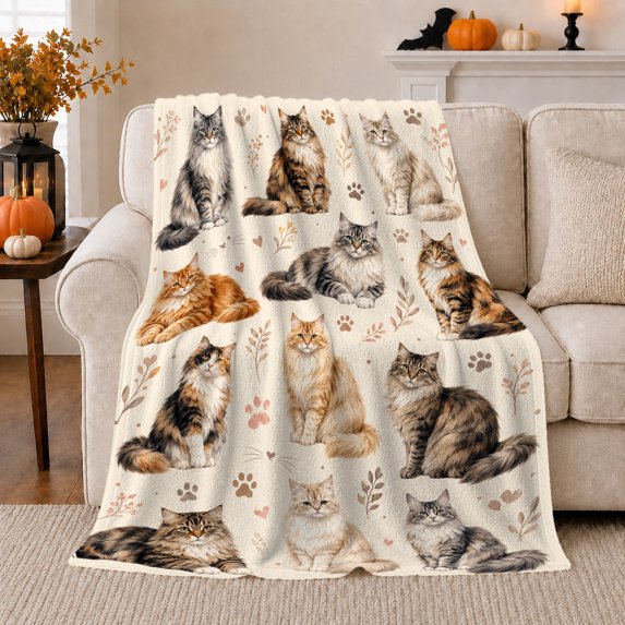 Playful Maine Coon Cat Grid, Playful Pet Portrait Pattern, Warm Flannel Blanket for Living Room and Reading Nook, Cat Lovers Halloween Gift, Pet Lover Home Decor
