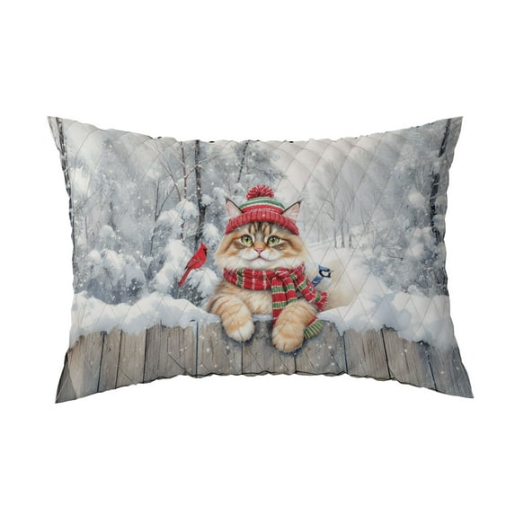 Playful Maine Coon Welcomes Winter Snowy Day with Cardinal Bird Quilt Pillowcase Cat Lover Kitten Owner Gifts Throw Pillow Cover Bed Home Decor - 12017