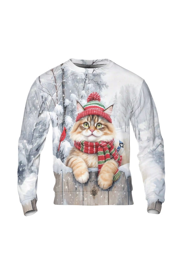 Playful Maine Coon Welcomes Winter Snowy Day with Cardinal Bird All Over Print 3D Sweatshirt Unisex Merch Cat Lover Kitten Owner Gifts - 2017