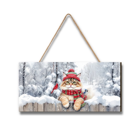 Playful Maine Coon Welcomes Winter Snowy Day with Cardinal Bird Landscape Wood Sign Cat Lover Kitten Owner Gifts Hanging Wall Home Decor - 2017