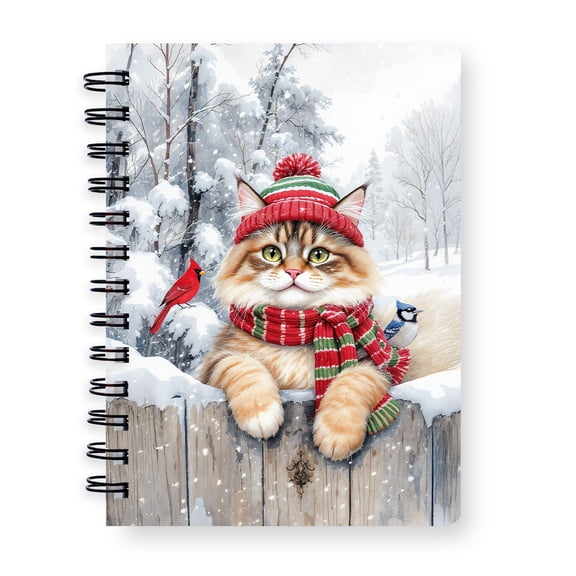 Playful Maine Coon Welcomes Winter Snowy Day with Cardinal Bird Spiral Bound Journal Cat Lover Kitten Owner Gifts 5x7in Spiral Notebook - 2017
