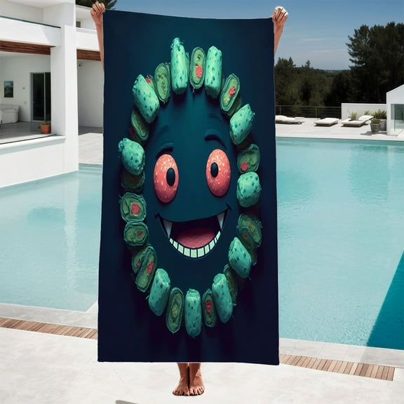Playful Microorganism Pattern Beach Towel - Vibrant Green Cells & Smiling Face Design Perfect for Pool Travel & Bath