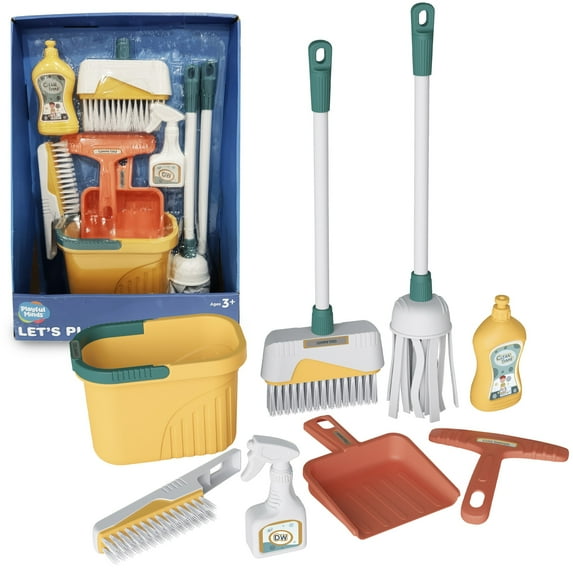 Playful Minds: Let's Play Cleanup - 8pc Household Cleaning Accessory Toy Set, Broom-Mop-Dustpan-Brush-Bucket & More, Realistic Pretend Play, Kid 3+