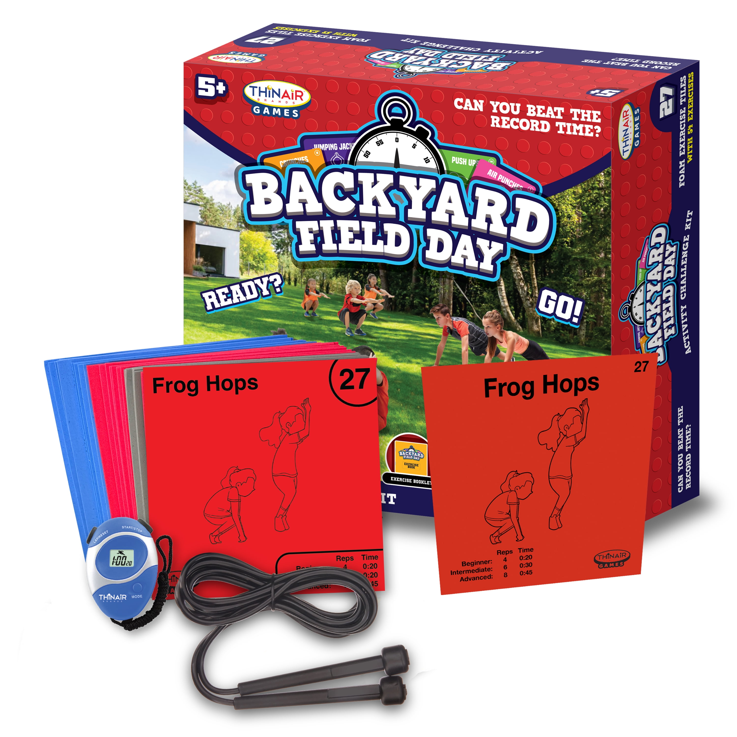 Playful Minds Backyard Field Day Obstacle Course Game – 27 Double-Sided Foam Challenge Tiles with 54 Kid-Friendly Exercises, Stopwatch, Jump Rope & Carry Bag – Outdoor Fitness Fun for Kids & Families