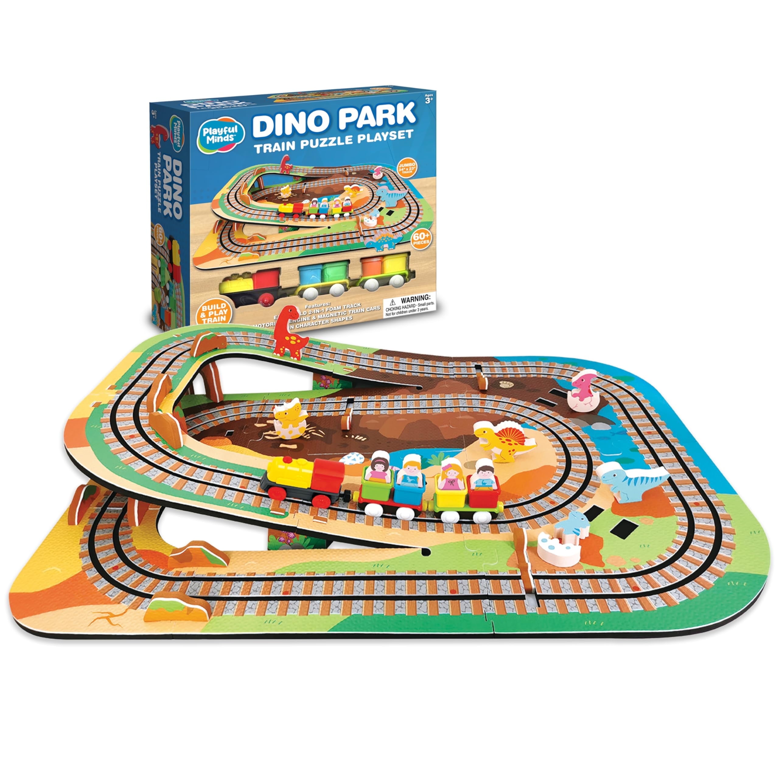 Playful Minds Dino Park Train Puzzle – 60 Pc Foam Track & Motorized Train Set for Kids 3-5
