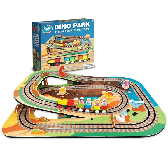 Playful Minds Dino Park Train Puzzle 60 Pc Foam Track & Motorized Train Set for Kids 3-5