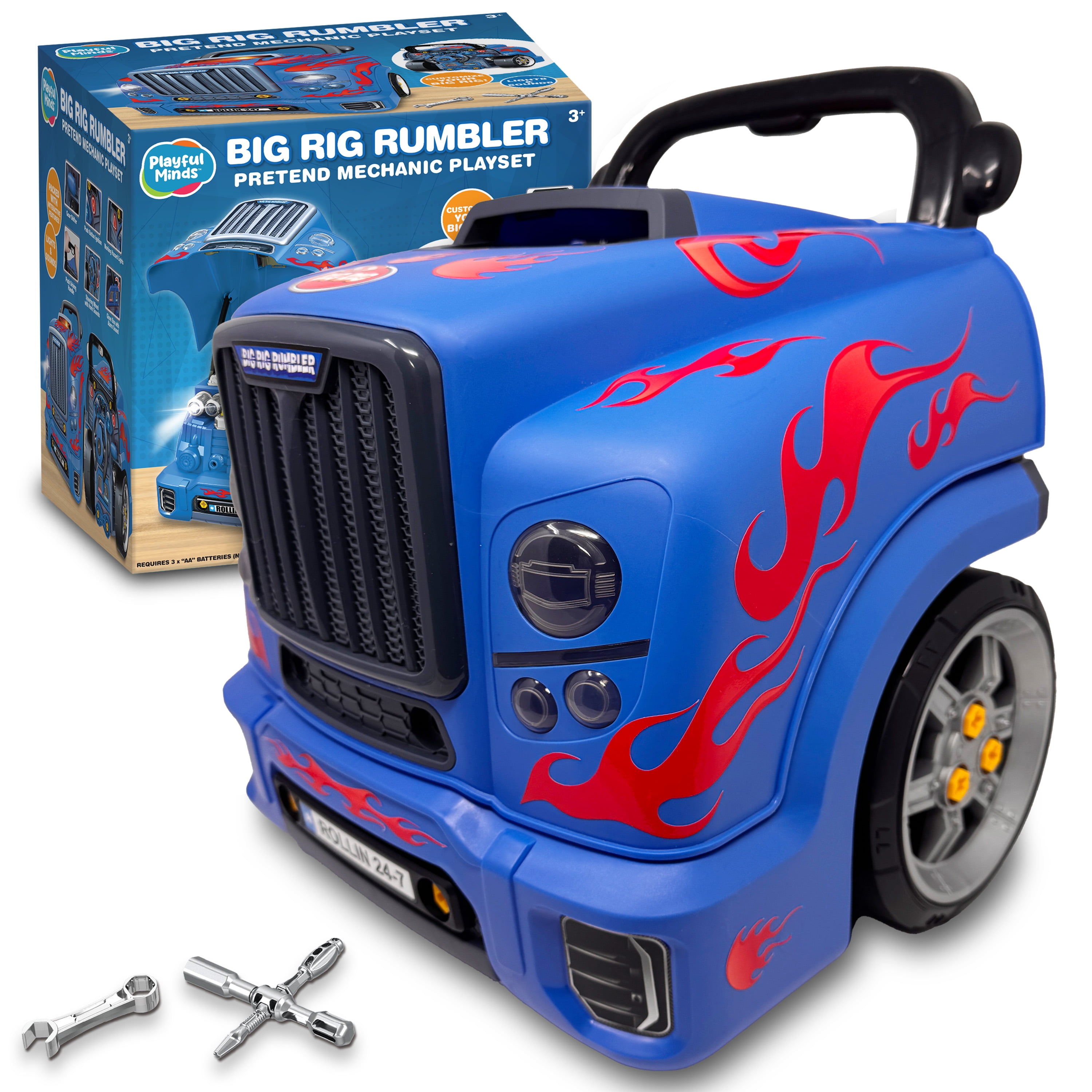 Playful Minds Interactive Truck Engine Toy – Kids' Repair Kit with Tools, Lights & Sounds – Blue