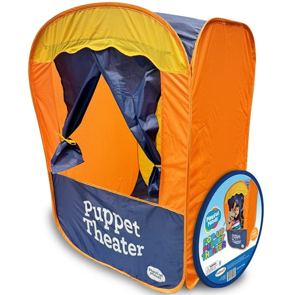 Playful Minds: Pop-Up Puppet Theater - Orange & Blue - 41" Portable Toy Play Tent, Tie Curtains, Back Entry Stage, Velcro Closure, Carry Bag, Kids 3+