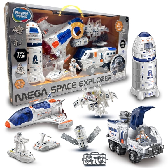 Playful Minds: Mega Space Explorer - 15pc Lights & Sounds Spaceship Toy Playset, 9.5" Rocket Shuttle, 2 Astronaut Figures, Capsule, Vehicle, Kids 3+