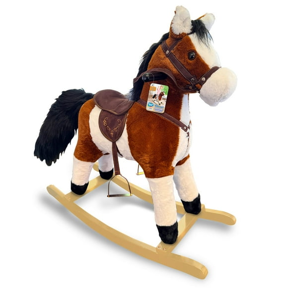 Playful Minds: Classic Rocking Horse - 29" Soft Stuffed Ride-On Pony, Sound Effects, Animated Tail & Mouth, Saddle-Bridle-Reigns, Wood Base, Kids 3+