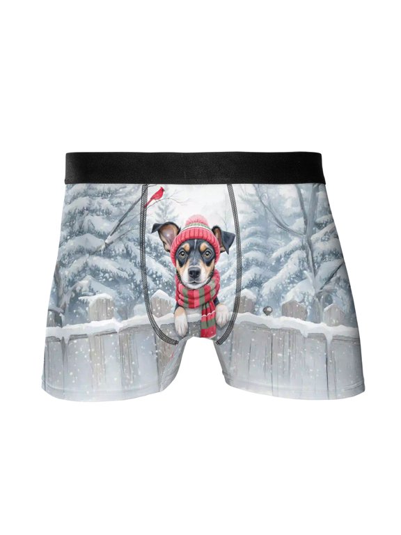 Playful Miniature Pinscher Welcomes Winter Snowy Day with Cardinal Bird All Over Print Boxer Briefs Underwear for Men Dad Mini Pin Dog Lover - 12017
