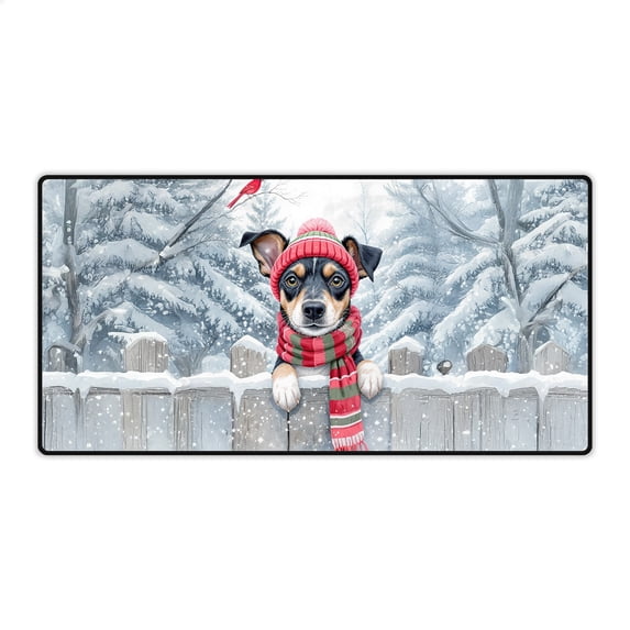 Playful Miniature Pinscher Welcomes Winter Snowy Day with Cardinal Bird Desk Mat Full Keyboard Mouse Pad Mini Pin Dog Lover Large Mousepad - 2017