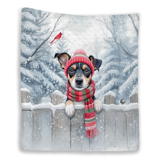 Playful Miniature Pinscher Welcomes Winter Snowy Day with Cardinal Bird Quilt Blanket Mini Pin Dog Lover Cozy Comforter Throw Blanket - 12017