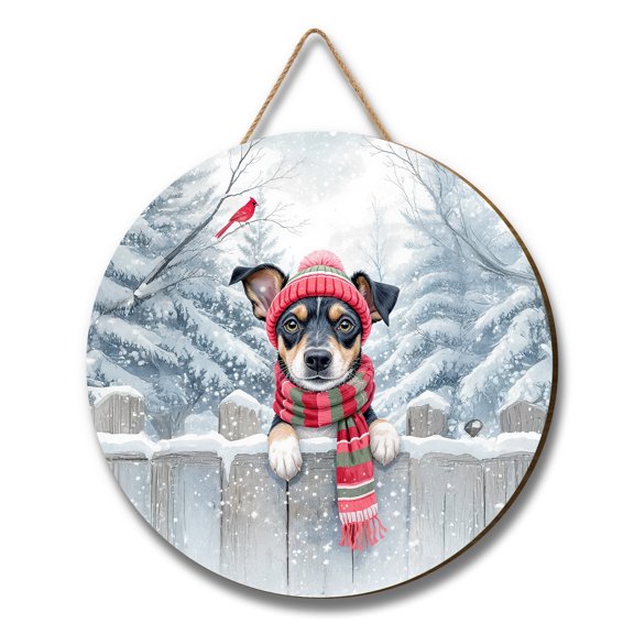 Playful Miniature Pinscher Welcomes Winter Snowy Day with Cardinal Bird Round Wood Sign Mini Pin Dog Lover Hanging Wall Home Decor - 2017