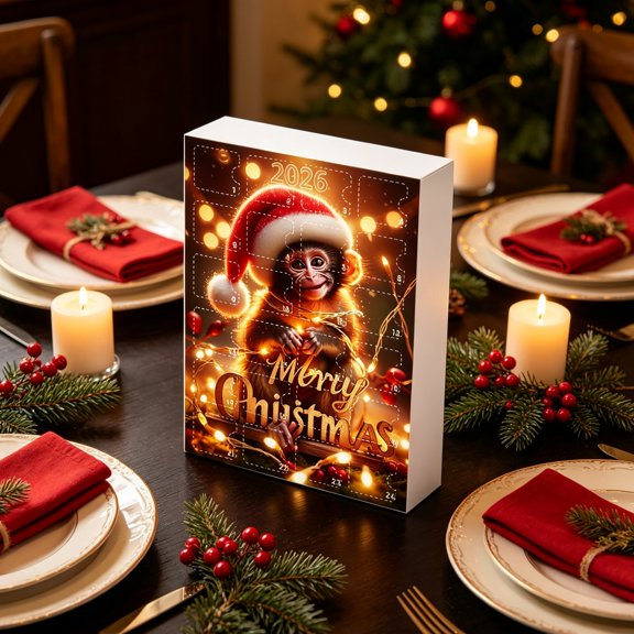Playful Monkey Advent Calendar 2026 24 Days Christmas Countdown Gift Box With 24 Festive Monkey 2D Acrylic Hanging Ornaments Ideal For Family Party Table Xmas Decoration