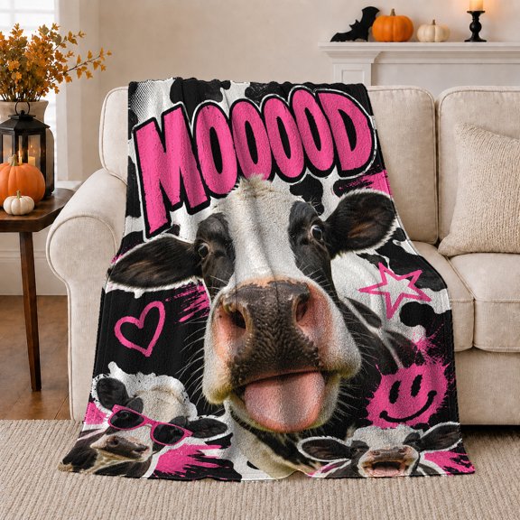 Playful Mooood Cow Face Digital Art, Rustic Farmhouse Horse Scene, Warm Flannel Blanket for Ranch House and Living Room, Horse Lovers Friendship Gift, Rustic Home Decor