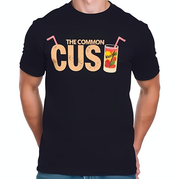 Playful Navy Blue T-Shirt with 'THE COMMON CUS' Graphic Design - Casual Summer Beverage Theme