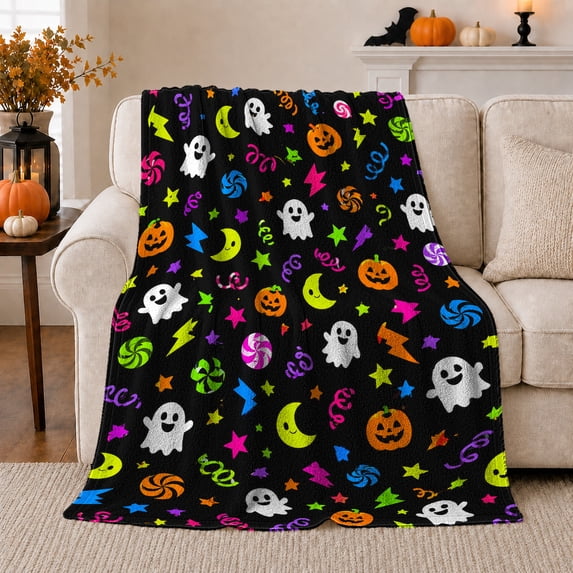 Playful Neon Ghosts Pumpkins Black, Festive Halloween Scene, Warm Flannel Blanket for Living Room and Reading Nook, Art Lovers Halloween Gift, Festive Home Decor