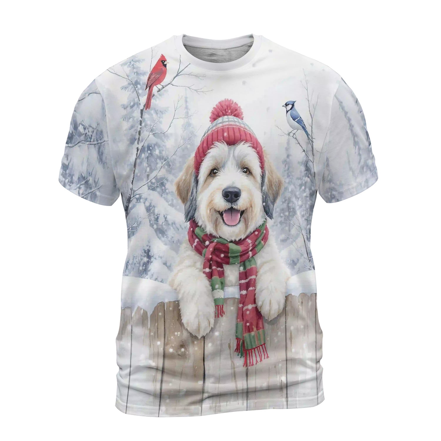 Playful Old English Sheepdog Welcomes Winter Snowy Day with Cardinal ...