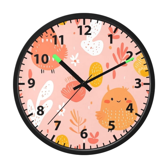 Playful Orange Birds Wall Clock 12 Inch Voice Activated Night Light Silent Non Ticking