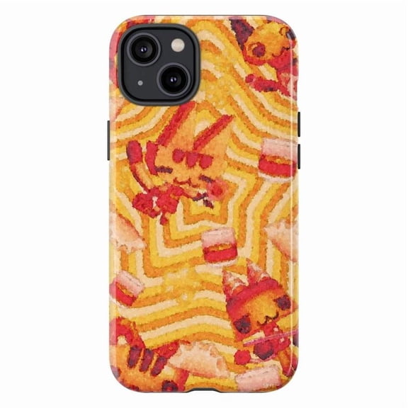 Playful Orange Cat Phone Case, Whimsical Cartoon Design with Striped Yellow Background, Fun Artistic Protective Cover for iPhone 16 15 14 13 12 11 Pro Plus Mini