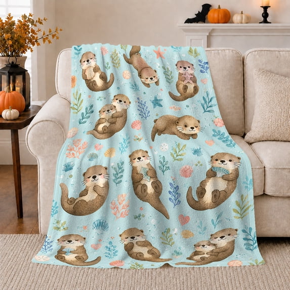 Playful Otter Watercolor Scene Seashells Starfish Light Blue, Festive Holiday Scene, Warm Flannel Blanket for Cabin and Lodge, Art Lovers Appreciation Gift, Festive Home Decor