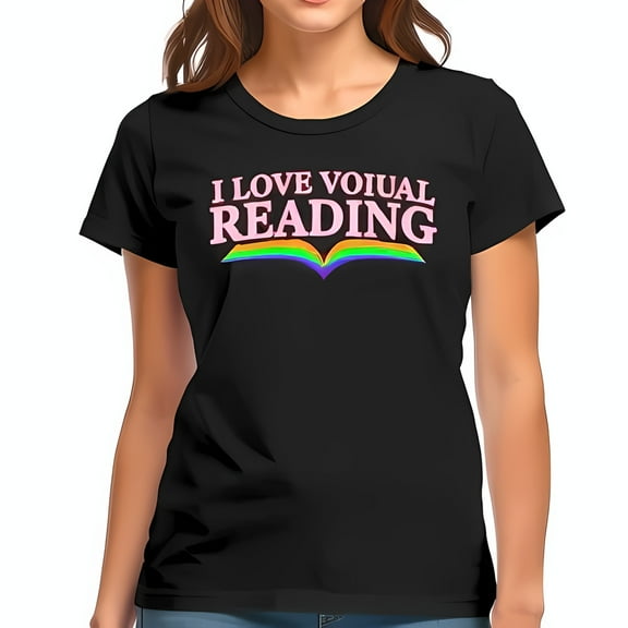 Playful Oversized Black T-Shirt with Rainbow Open Book Graphic - "I LOVE VOIUAI READING" - Fun for Book Lovers