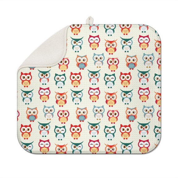 Playful Owl in the Forest Drying Mat - Super Absorbent Dish Drying Pad, Hand-drawn Artwork & Multipurpose