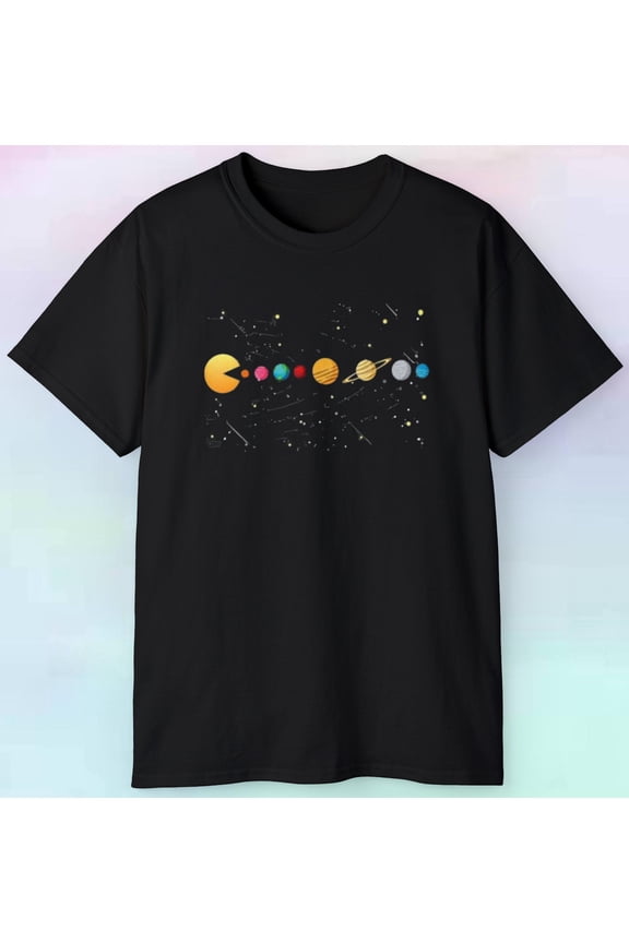 Playful Pac-Man Planet Design T-Shirt for Astronomers and Space Enthusiasts