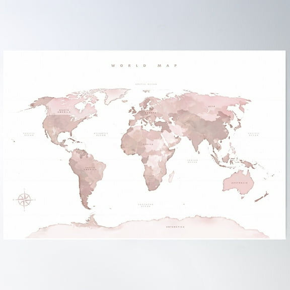 Blush Pink World Map Poster Wall Art, Modern Wall Decor For Living Room Bedroom, 12x18 UNFRAMED