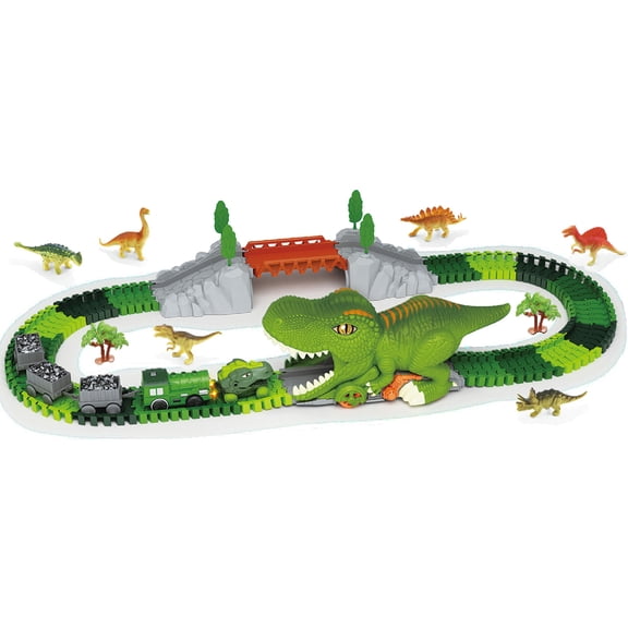 Playful Palette: Dino Train - Green Prehistoric Flexible Tracks Set, Lights Train, T-Rex Tunnel, Bridge, Dinosaur Figurines, Building Play, Kids 3+